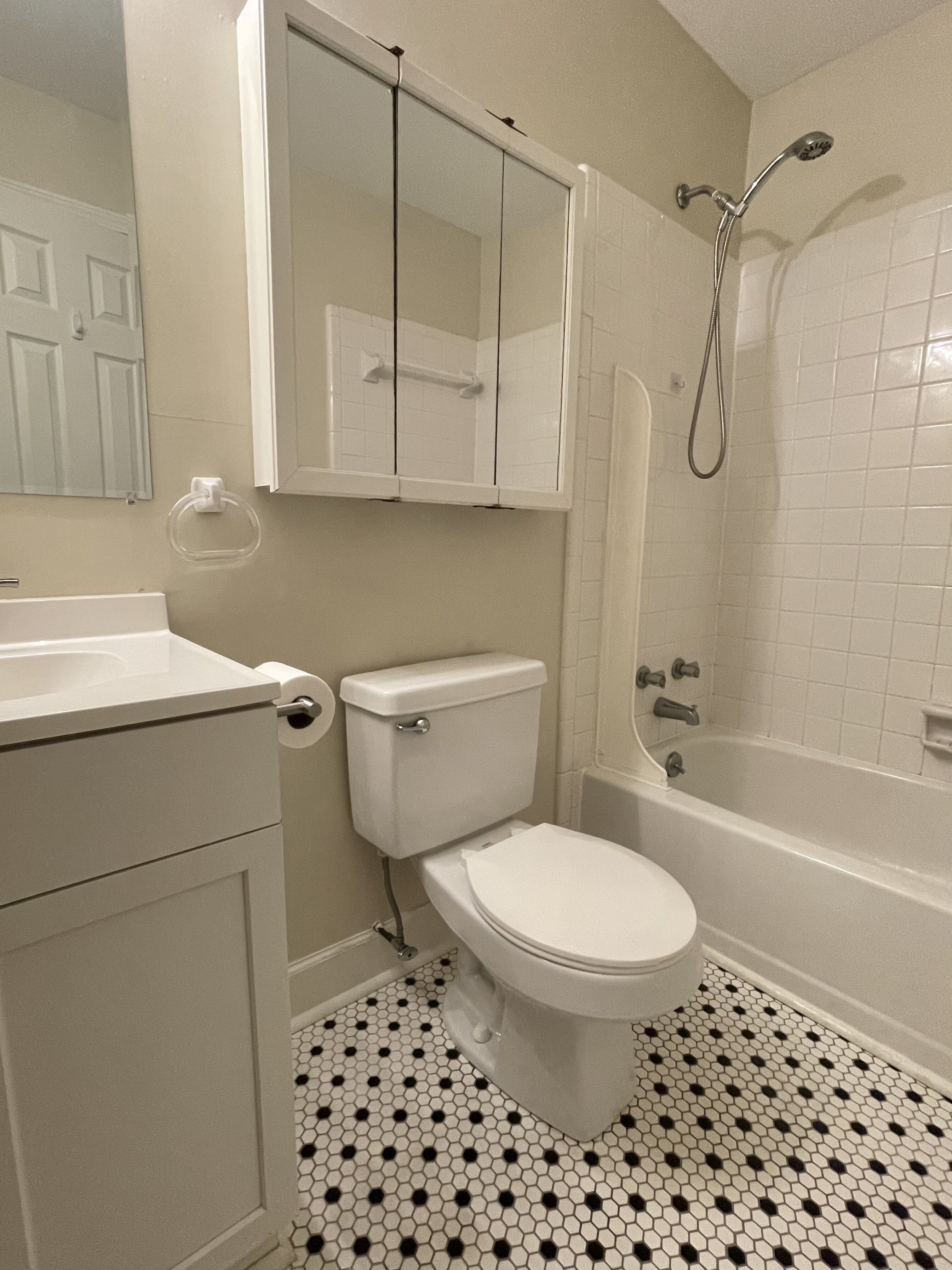 Bedroom 1 ensuite bathroom with hex tile floor
